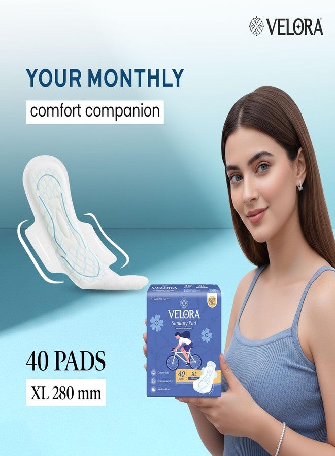 Velora Soft Feel & Rash Free XL 40 Pads | Wider Back for Extra Coverage |Quick Absorption| Medium Flow Straight Sanitary Pads for Women & Girl (40 Pads-280MM) - Image 2
